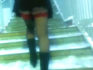 Chick Flashing Her Black Stockings With The Red Tops Outdoor