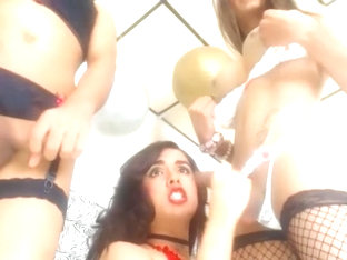 Three lovely trannies play with their ladycocks