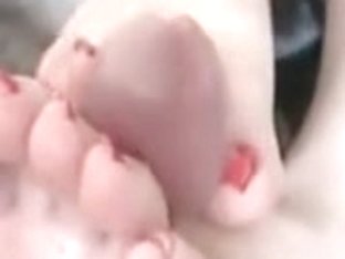 Girl Doing Exciting Amateur Footjob By Her Sexy Red Painted Feet