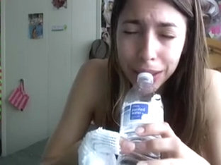 Girl deepthroats water glass and cries for man