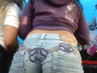 Teen but in jeans shorts in street candid voyeur clip