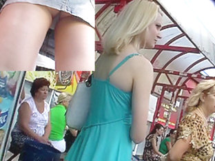 Hawt blondie's up petticoat at bus stop