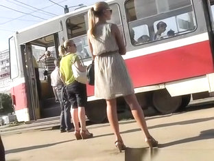 Hot Sexy Blonde In Short Dress Upskirt