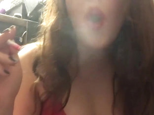 Sexy Pale Brunette Teen Smoking In Red Lace Lingerie And Red Lipstick