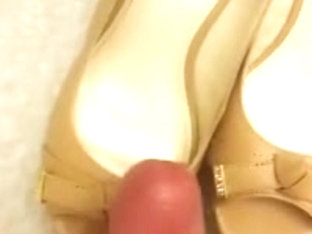 Cum On Her Shoes - Tan Peep Toe Wedges