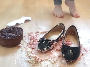 Crushing Chocolate Cake In Well Worn Ballet Flat Shoes And Socks