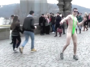 18 yo shaved YouTuber Wedry in Borat Mankini dance naked in Prague