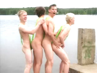 Cool teens picnic in funny swimming suit