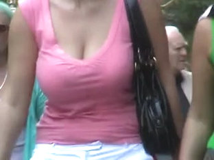 candid busty milf in pink top