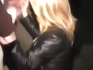 Blonde girl sucks a few wangs outdoors in homemade video