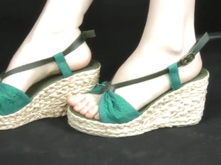 Asian Feet Showing In Wedge Espadrille Style Sandals. Zoom.
