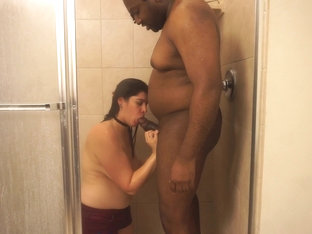 Nerdy White Slut Gets Wet Sucking Big Black Dick In The Shower
