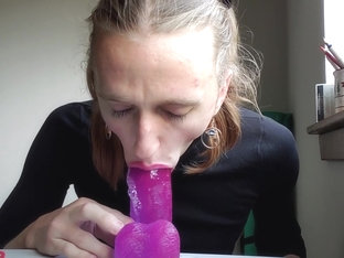 Nasty Trans Slut Slobbers on a dildo and eats her cum