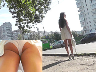 Gorgeous bombshell in high heels on upskirt camera