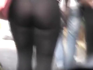 Thong Is Visible Through Stretched Tights