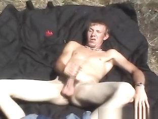 Blonde twink Dean with hard dick masturbates outdoor