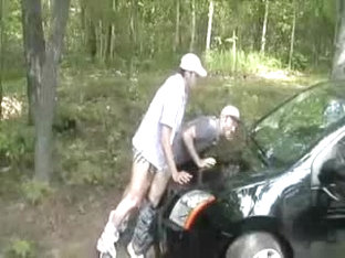 Rough anal gay fuck against a car