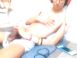 slim latino guy jerking his big cock and cuming on cam