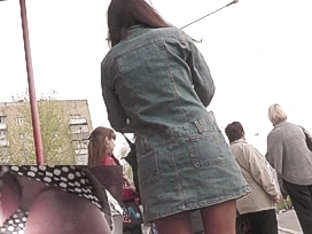 Cute upskirt angel in denim coat