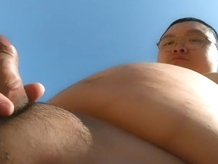 Chubby guy 39 cumshot on the roof