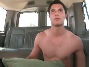 Muscled gay eating straight dick in boys bus