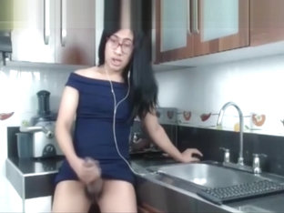 Monstercock lady-boy latin chick Jerking In The Kitchen!