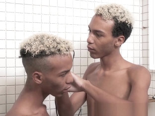 Black twink gets a haircut before jerk off session